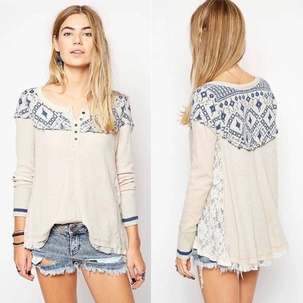 We The Free Women Fair Isle Cabin in the Woods Sweater Sz M Blue Cream 51-4